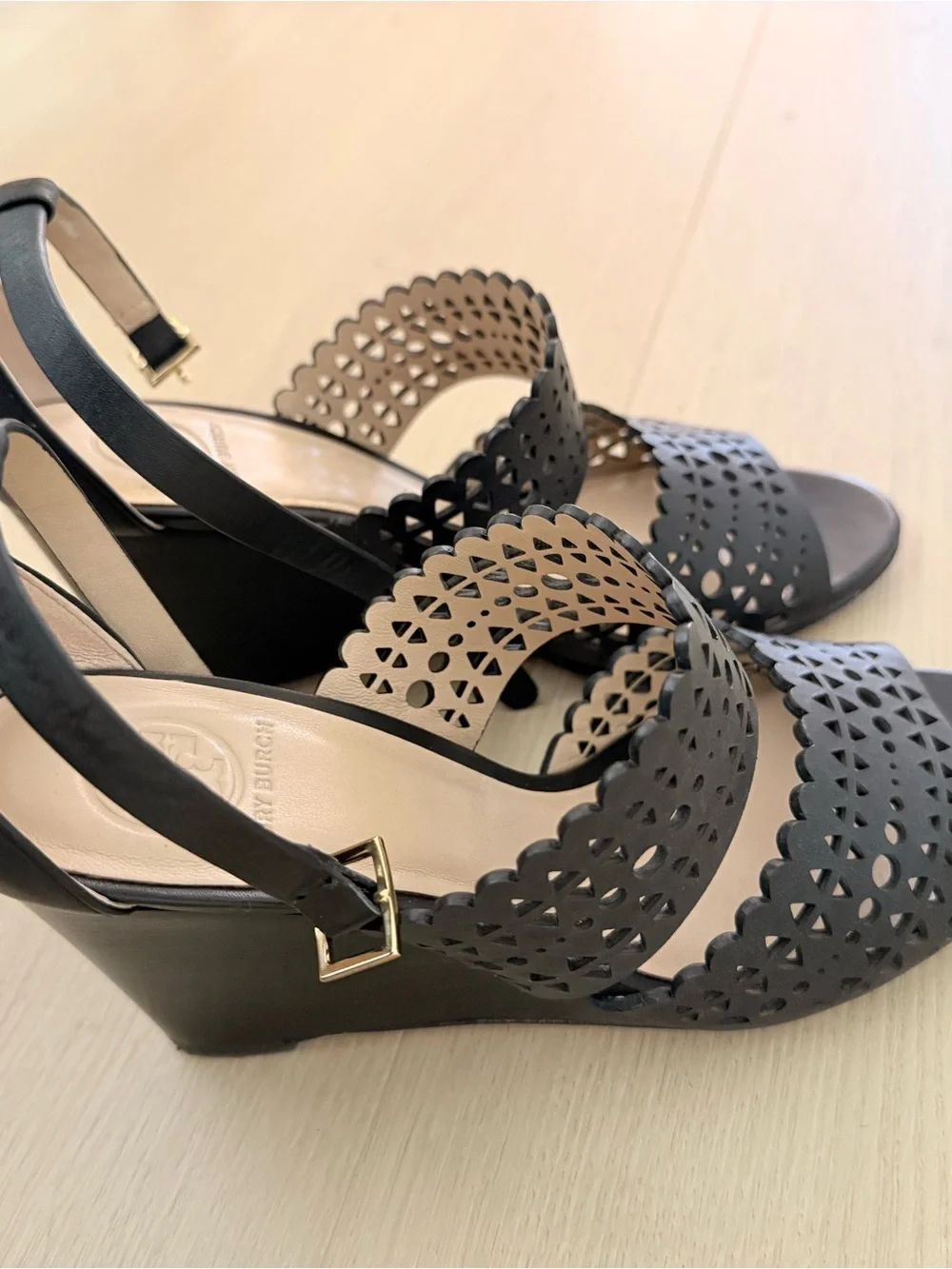 Tory Burch Black Laser-Cut Leather Sandals
